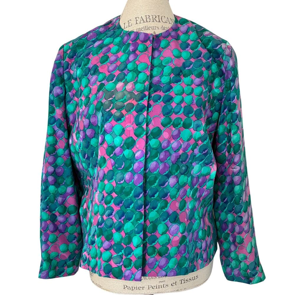 Vintage Silk Anne Crimmins Umi Collections Jacket Dots Pink Teal Size 16
